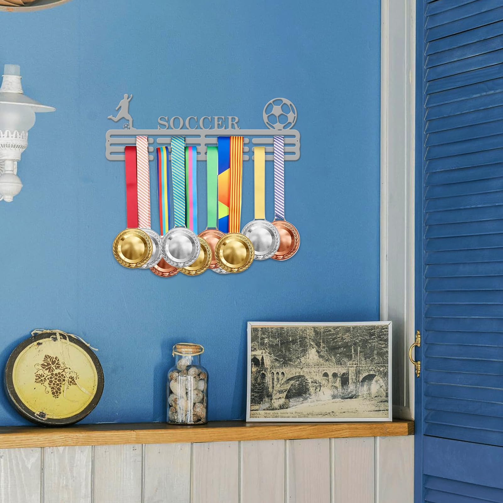 Photo 1 of Resama Soccer Medal Hanger Holder Display Rack for Awards Ribbons Personalized Medal Sports Themed Race Ribbon Holder for Wall Metal Display for Men Boy Girl Kid Silver