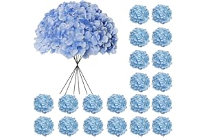 Cherica 20 Pcs Blue Hydrangea Artificial Flowers Bulk, Faux Hydrangea Flowers Heads, Artificial Fake Silk Hydrangea Flowers with Stems, Blue Flowers Artificial for Decoration Wedding Décor