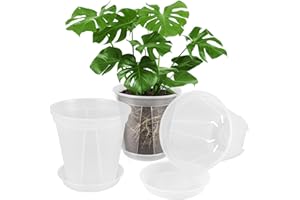 GREENPARA 8-inch Transparent Plastic Garden Pots Planter with Saucer Plant Pot Nursery Pots Drainage Hole for House Plants, Herb, Flowers, and Cactus with 10pcs Plant Labels, 3-Set
