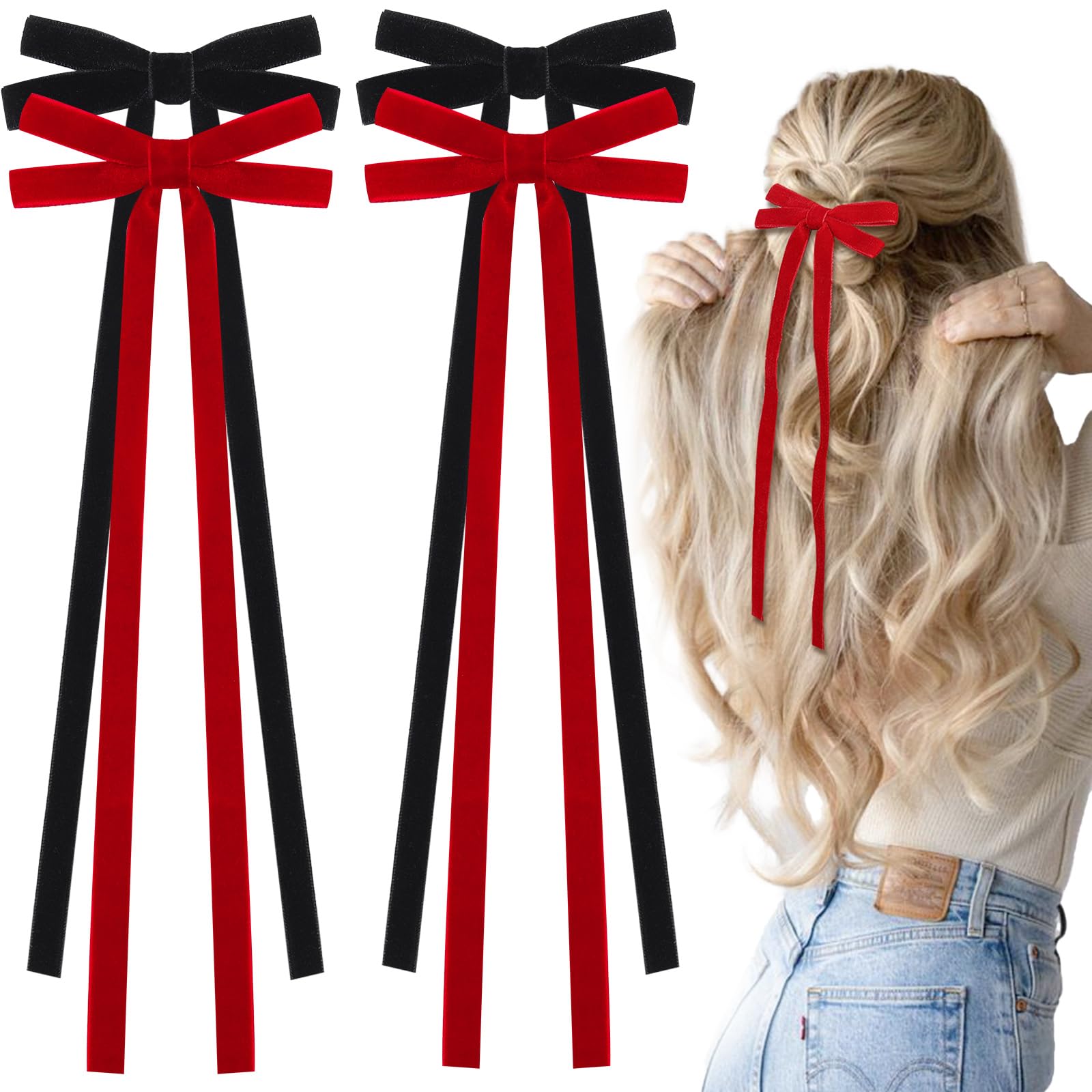 Photo 1 of *2 pack* 4 PCS Hair Accessories Set: Large Velvet Bows with Alligator Clips, Ribbon Bows for Women, Girls, Teens, Toddlers (Red and Green)