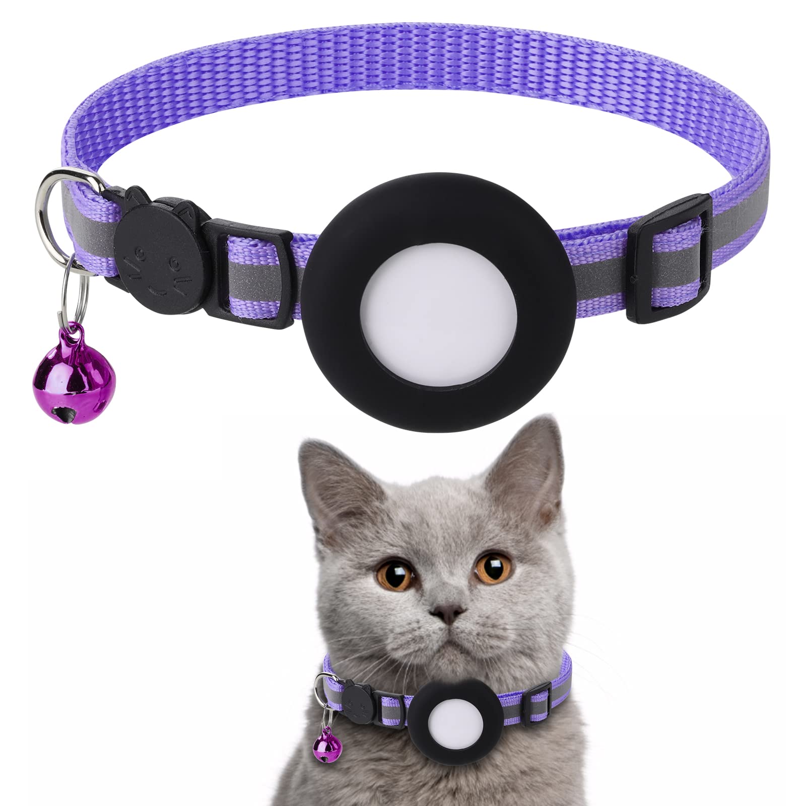Airtag Cat Collar, Air tag Cat Collar with Bell and Safety Buckle in 3/8" Width, Reflective Collar with Waterproof Airtag Holder Compatible with Apple Airtag for Cat Dog Kitten Puppy (Purple One)