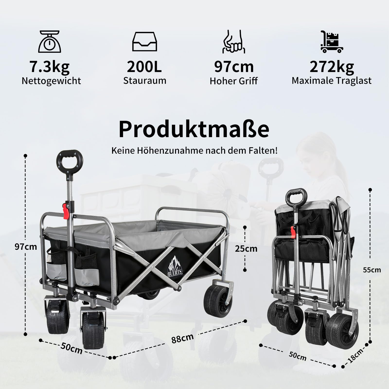 BUERTS Bollerwagen Faltbar – Tragkraft 272 kg, mit Bremsen, Getränkehalter, Verstellbarem Griff, All Terrain Rädern für Camping Outdoor Shopping, 600D Oxford-Gewebe, Schwarz 6