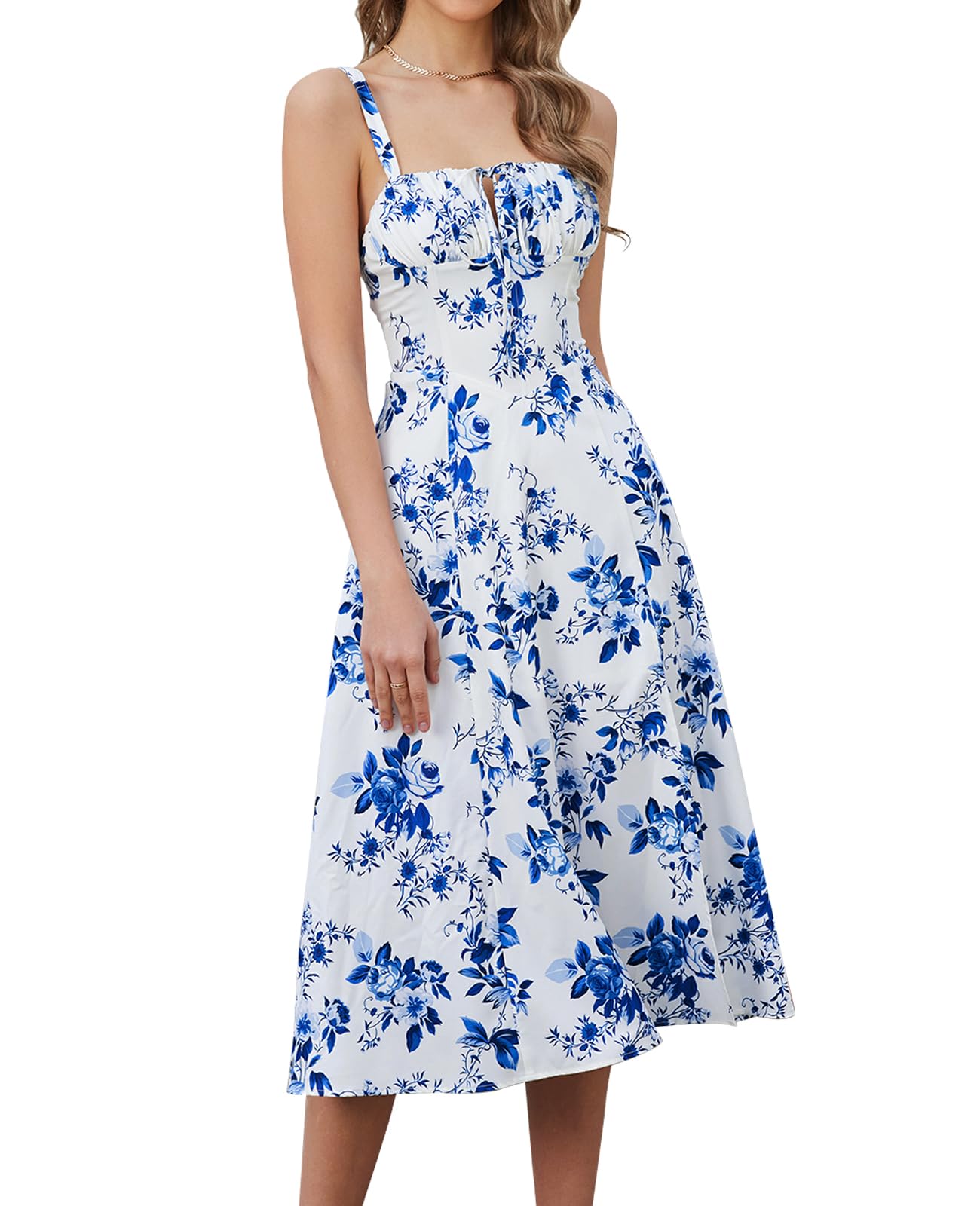 Photo 1 of Floral Midi Corset Dress Wedding Guest Flowy Slit Lace Up Dresses for Women Tea Party A Line Casual Sundress