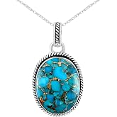 TISHAVI Oval Shaped Natural Gemstone Pendant Necklace For Women, Sterling Silver Plated Solitaire Birthstone Pendant &amp; 18" Chain Jewelry Gift For Mom Wife Sister Her