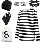 SERTAS Adult Halloween Robber Costume Set, Black and White Striped T-Shirt Thief Accessories,Men Halloween Cosplay Costume