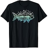 Cool Fish Shaped from Mountains Nature Scene Fishing T-Shirt