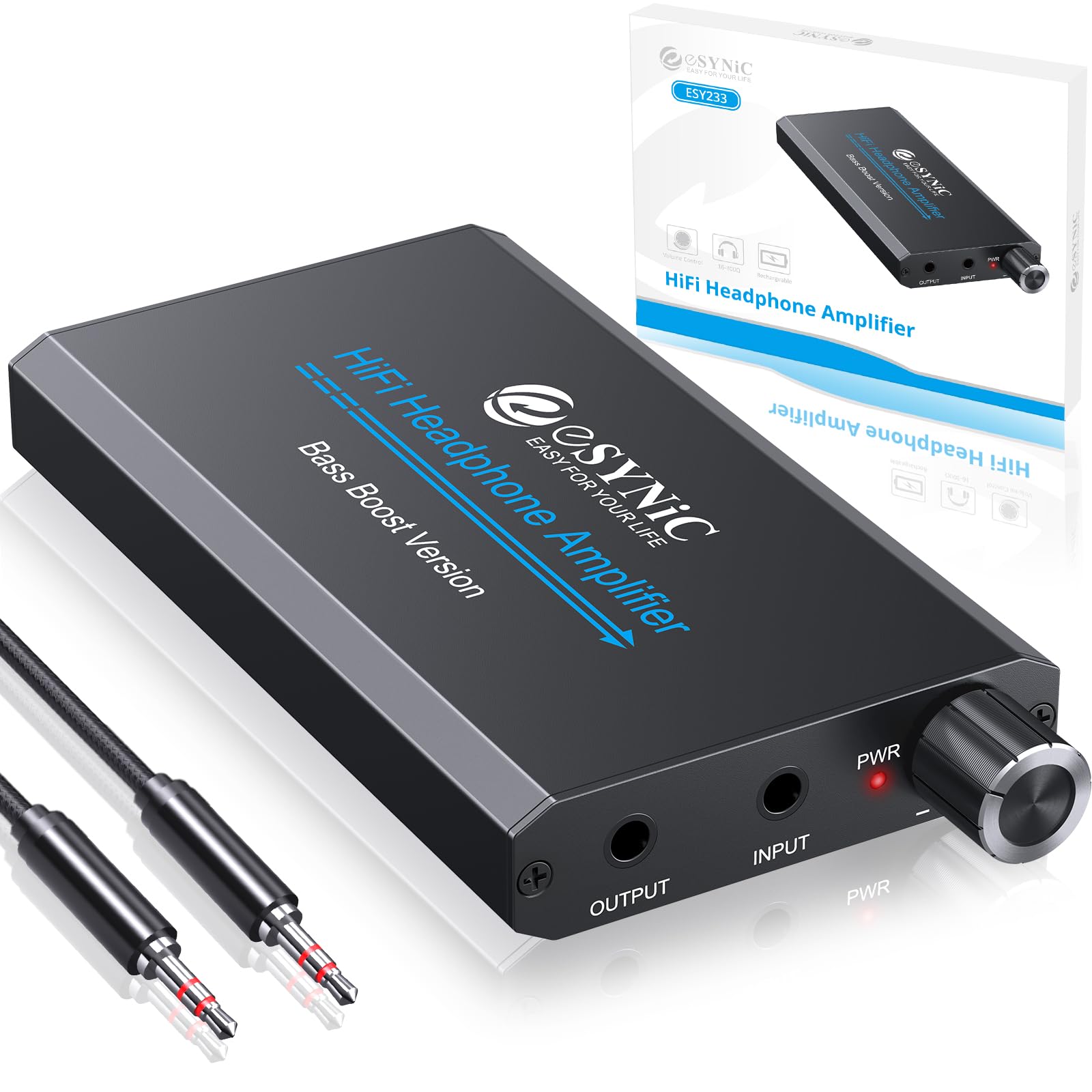 eSynic Professional Headphone Amplifier With Bass Gain 16~300Ω Portable 3.5mm Audio Headphone Amp Rechargeble Volume Amplifiers with Aluminum Matte Surface for MP3 MP4 Phones and Computers etc