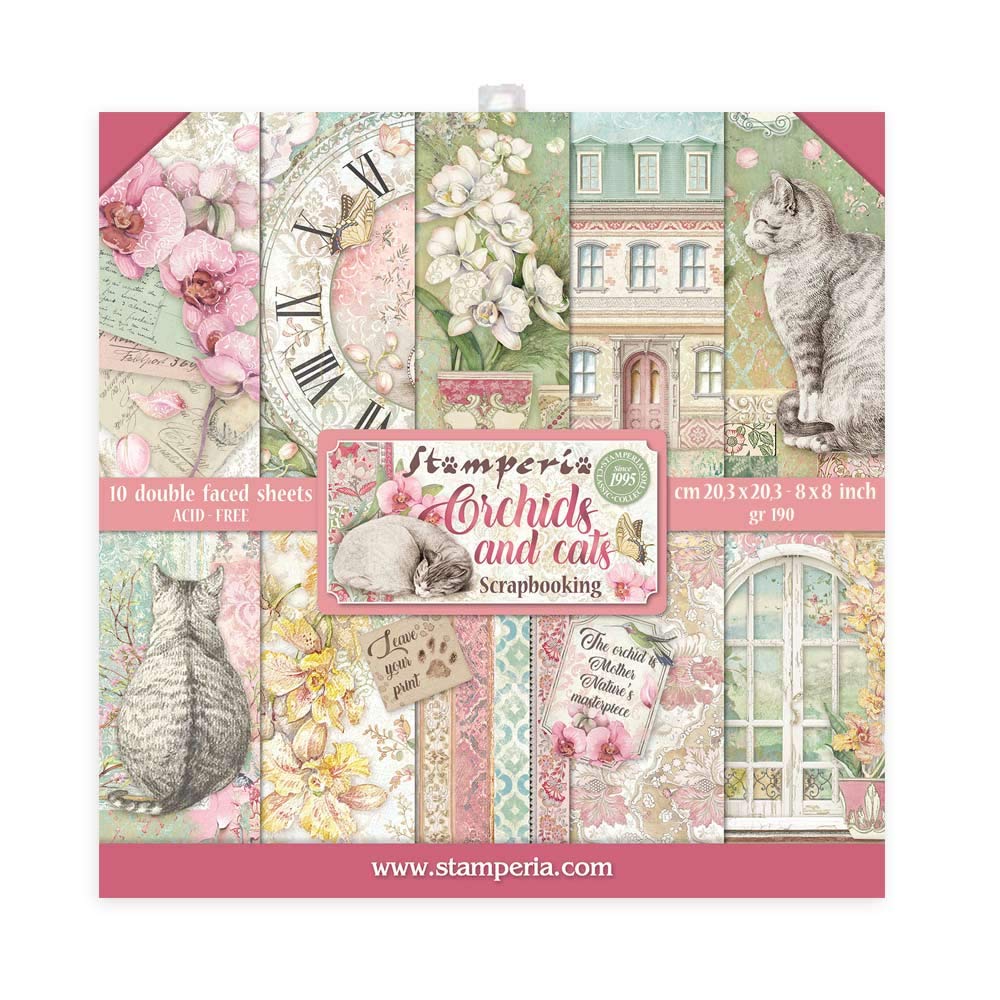 STAMPERIA INTERNATIONAL, KFT Stamperia-Mini Scrapbooking Pad-Double Sided Sheets-Orchids and Cats, Various, 20.5 x 20.5 cm, SBBS26