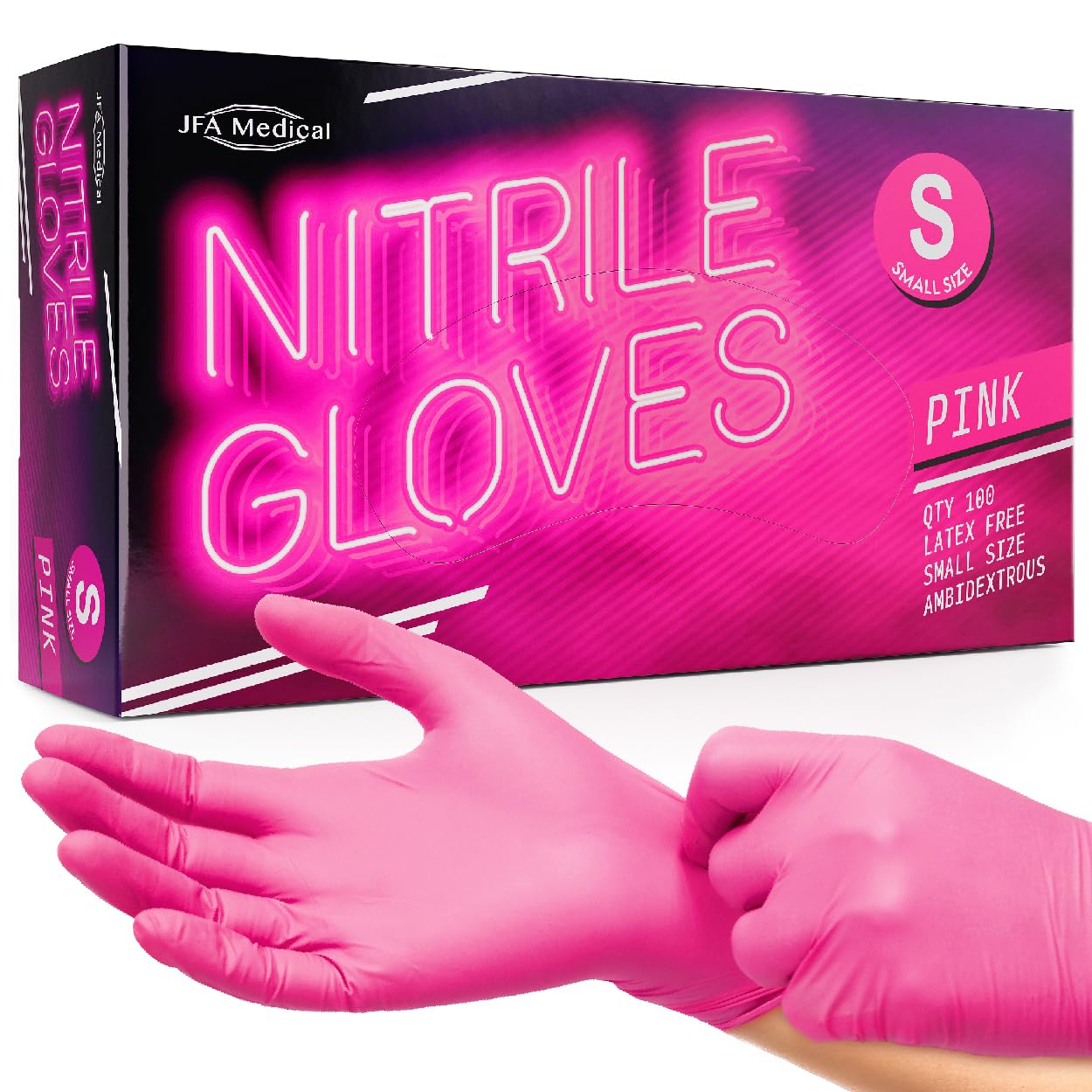 JFA Medical Disposable Powder Free Pink Nitrile Gloves - Box of 100 (Small)