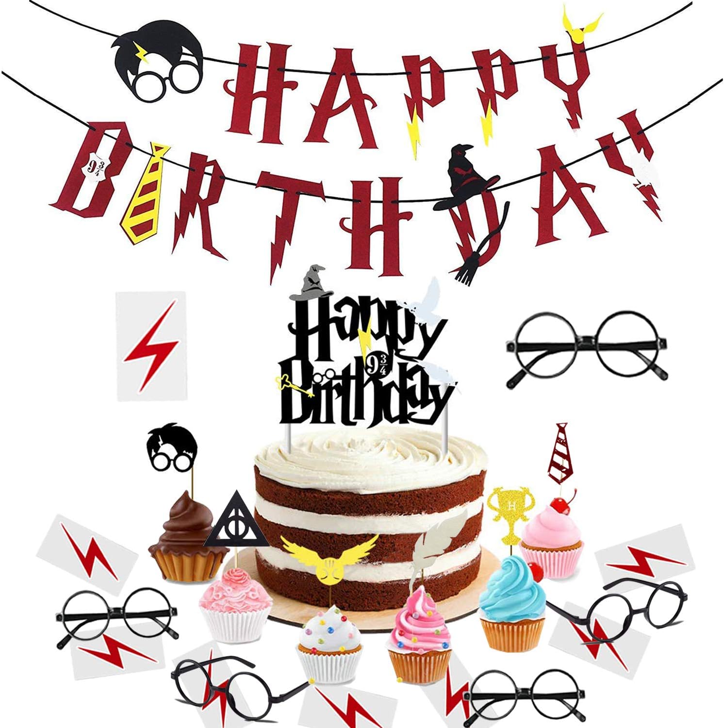 xingqiwu Wizard Birthday Party Supplies - Happy Birthday Banner Double Sided Glitter Inspired Cupcake Toppers, Wizard Glasses and Tattoos, Wizard Birthday Party Decorations Supplies(Set of 29)