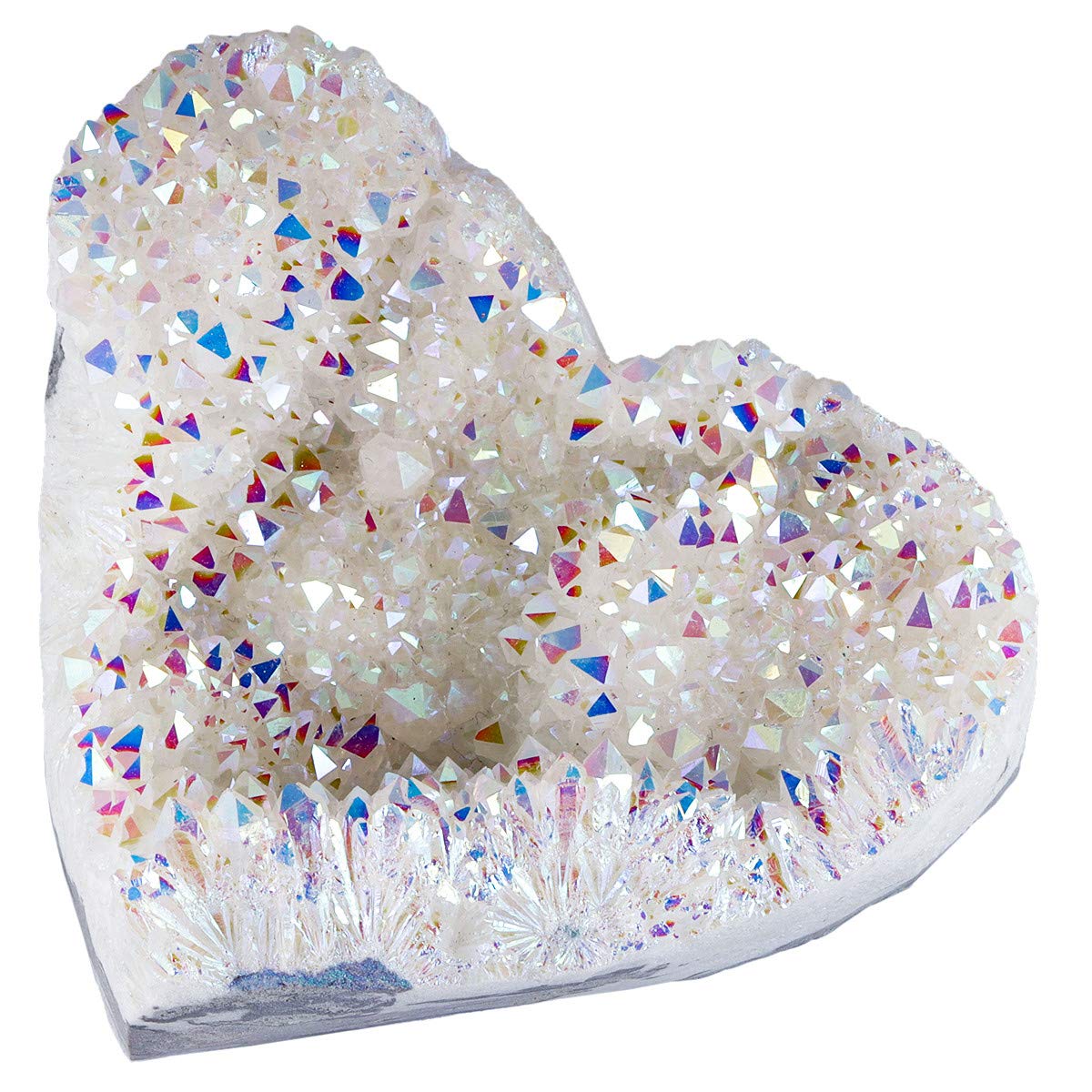 KYEYGWO Natural Titanium Coated White AB Crystal Rock Quartz Heart Stone Specimen for Home Decoration, Healing Crystals Love Stones for Chakra Reiki Balancing