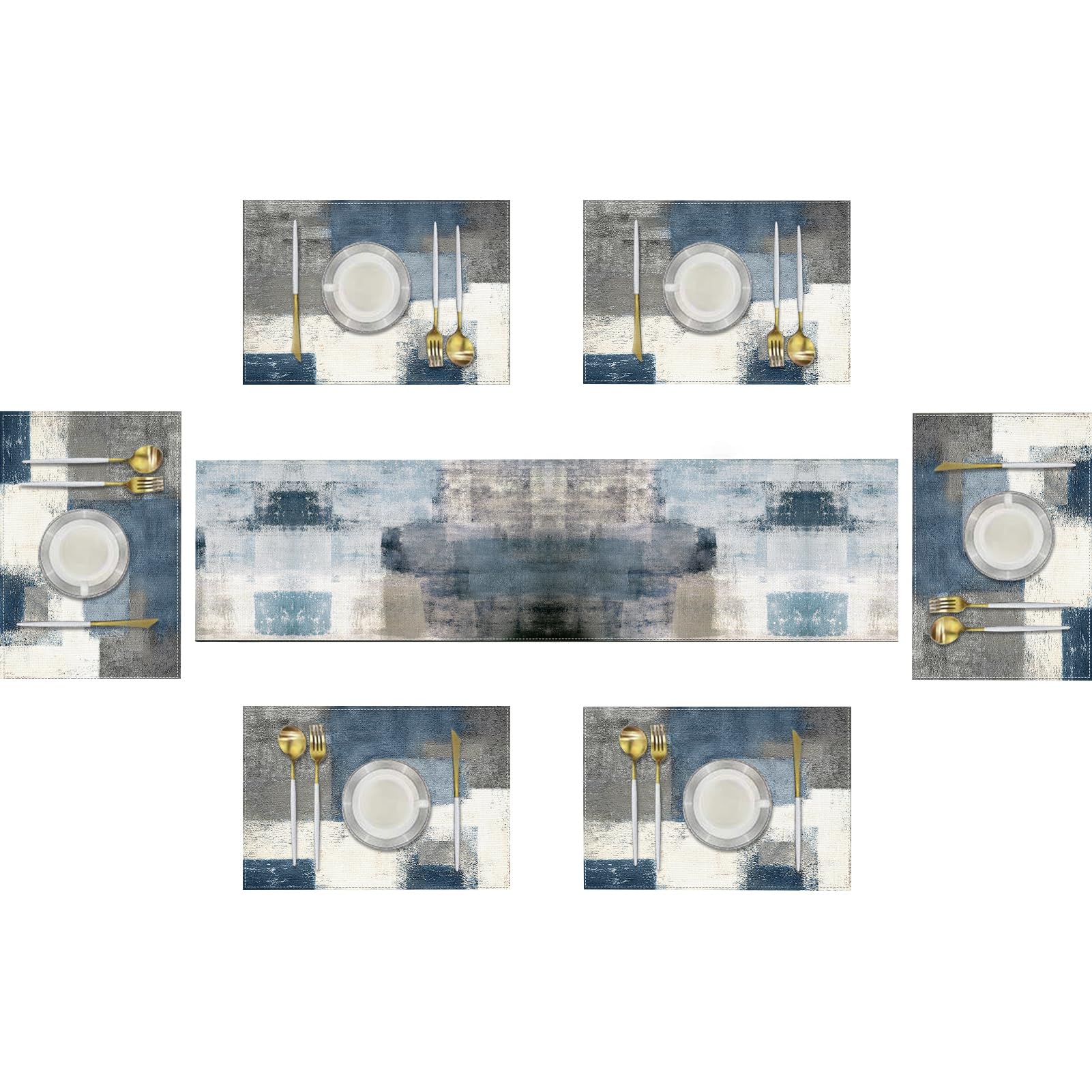 Photo 1 of Emvency Farmhouse Table Runner and Placemats Set of 6, Cotton-Linen Abstract Blue and Grey Painting Art Dining Table Decor for Daily Use(1 Table Runner 72 inches Long and 6 Placemats)