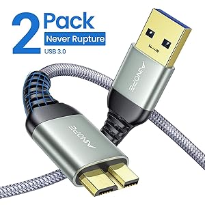 USB 3.0 Micro Cable 2 Pack / 3.3FT+6.6FT Fast Charging for S5 Note3, AINOPE Nylon Braided Seagate Cord, Seagate External Hard Drive Cable Compatible with Samsung Galaxy Note 3 S5 WD Hard Drive, etc