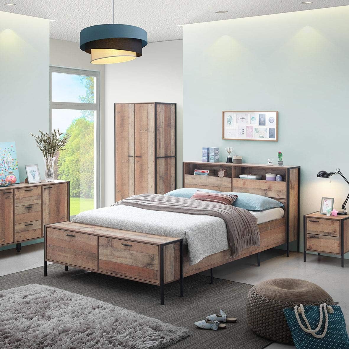 Timber Art Design Stretton 4ft6 Double Bed Slat Base Footer Storage Rustic Industrial Oak Effect
