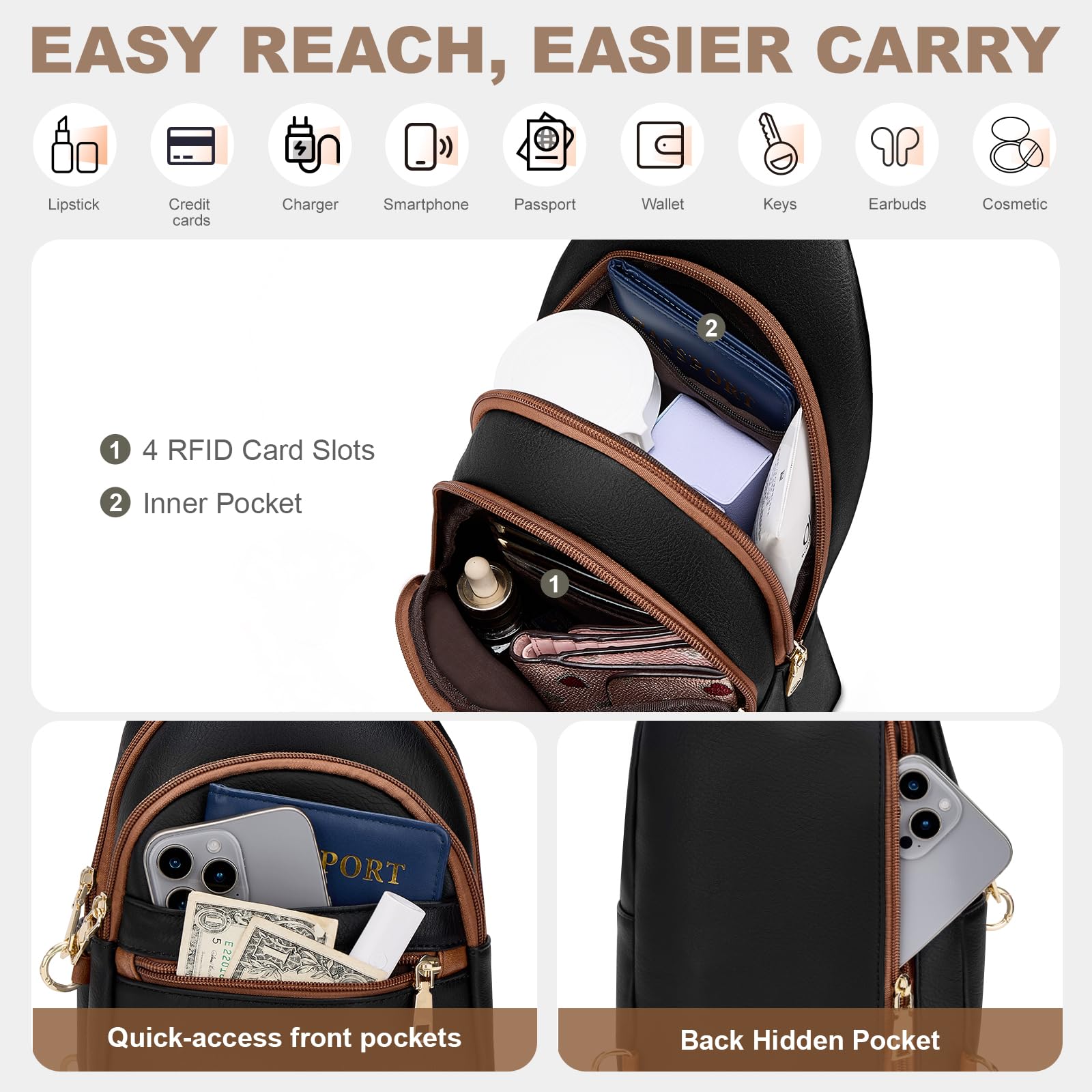 Anti Theft Crossbody Bags for Women, RFID Sling Bag Travel Purse, RFID Cross Body Purses Chest Bag for Travel Black Brown