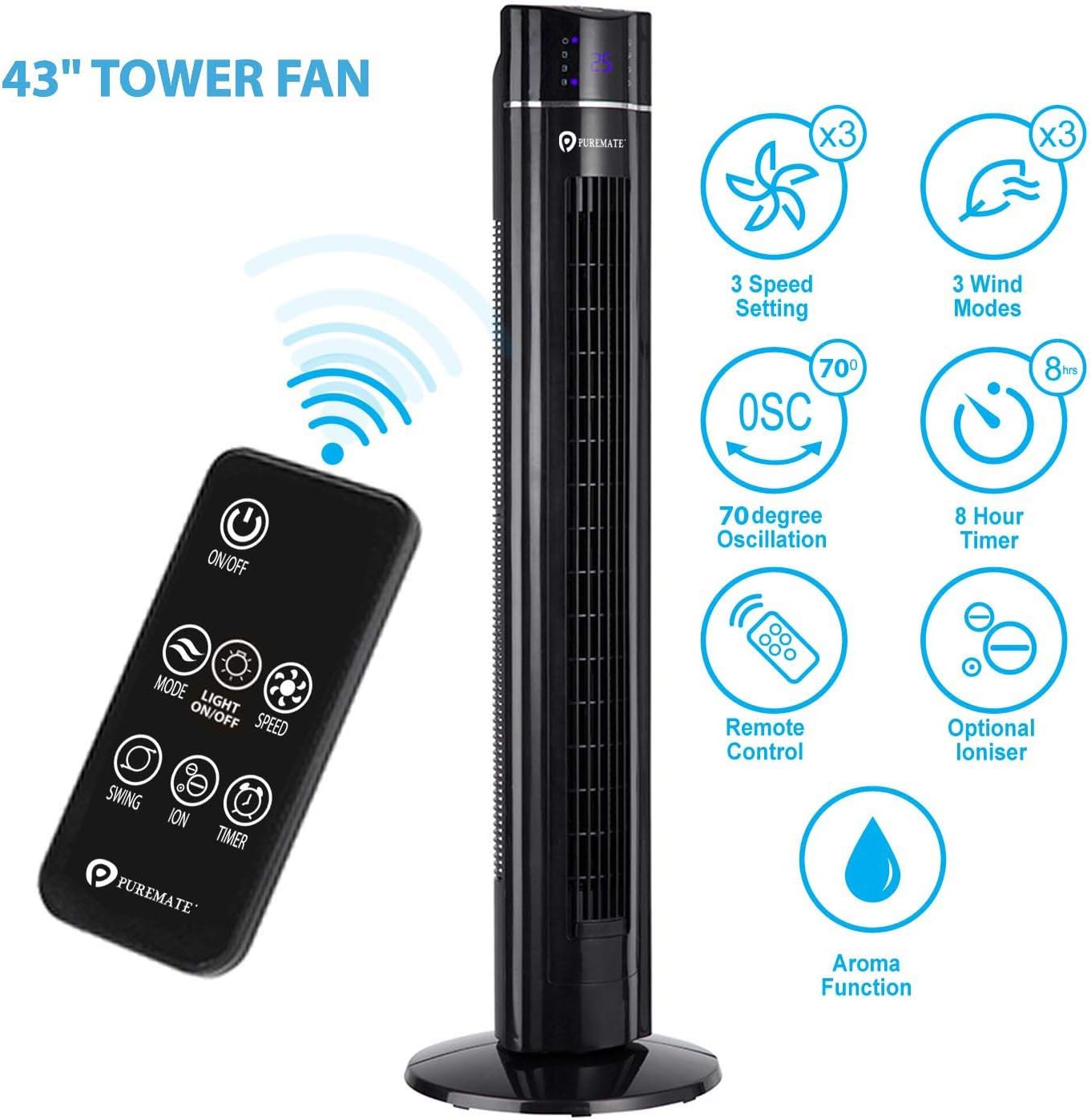 PureMate Tower Fan, 43″ Oscillating Tower Fan with Air Purifier & Aroma
