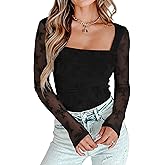 AGECODE Women's Square Neck Mesh Long Sleeve Bodysuit Shirts Ruched Body Suit Leotard Tops