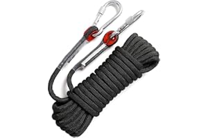 GINEE 16mm Static Rock Climbing Rope 50FT Outdoor,Safety Ropes with Carabiner,Arborist Tree Climbing,Magnet Fishing Rope,Rescue Grappling Lifeline Escape Descender Abseiling Rope Black