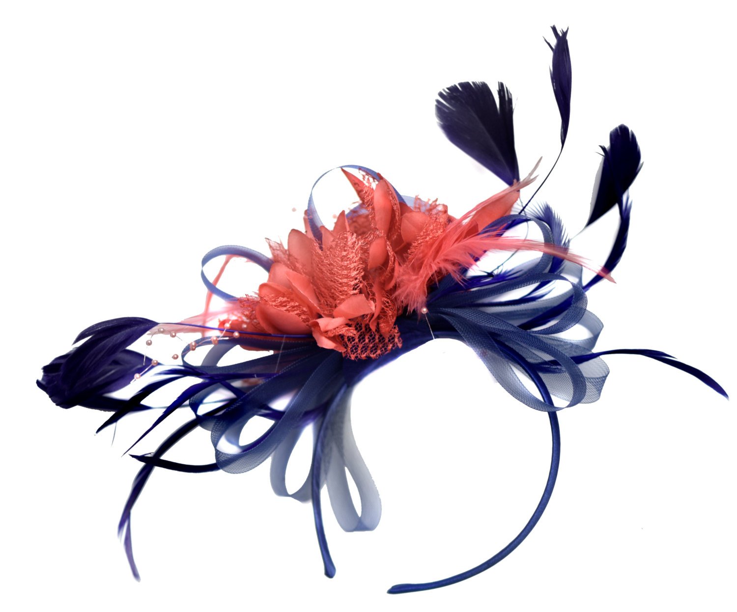 Navy and Coral Fascinator on Headband Alice Band UK Wedding Ascot Races Derby