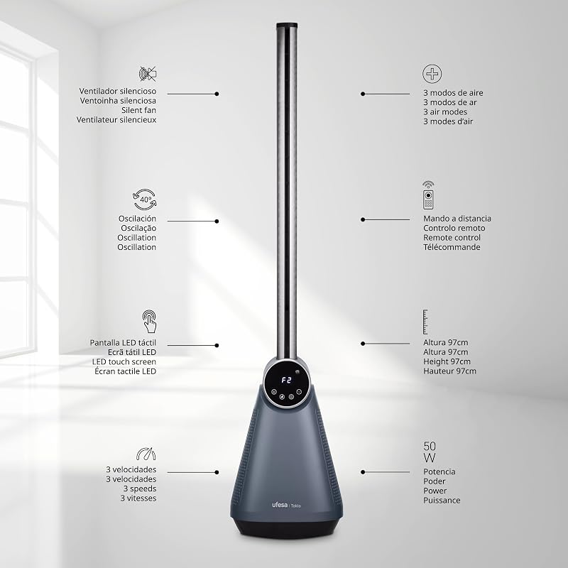 TK50 Ventilador de Torre sin Aspas, Silencioso, 50W, 3 Velocidades, 3 Modos, Mando a Distancia, 97cm Altura, Oscilación 40º, Temporizador, Pantalla LED Táctil