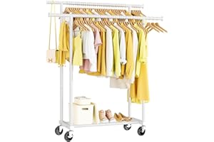 HYSEYY Double Rods Clothes Rack, Rolling Clothing Rack for Hanging Clothes Portable Wardrobe Rack, Metal Garment Rack Sturdy Coat Rack for Bedroom Laundry Living Room, White
