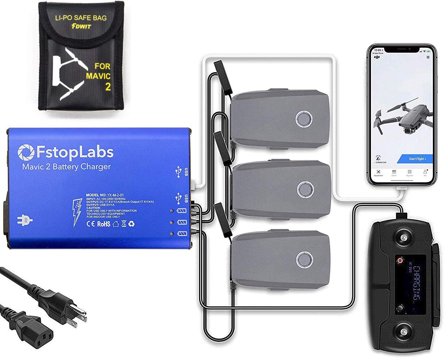 Fstop Labs Mavic 2 Battery Charger, Accessories for DJI Mavic 2 Pro Zoom, 5 in 1 Rapid Parallel Battery Charging Hub Station, 3 Batteries, 2 USB Ports, with Power On Off Switch: Toys & Games