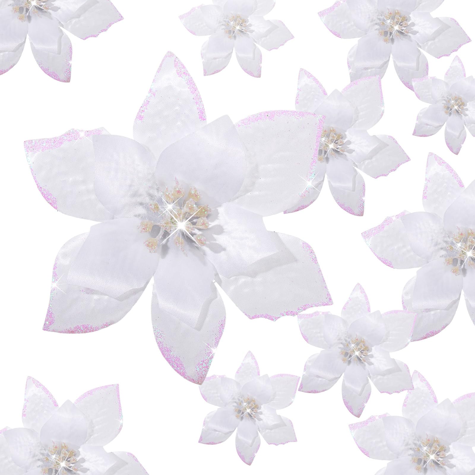 Cindeer 36 Pcs 3 Size Christmas Tree Decorations Poinsettias Artificial Flowers Ornaments Glitter Faux Christmas Flowers with Clips for Xmas New Year Home Wedding Outdoor, 4", 6" and 9" (White)