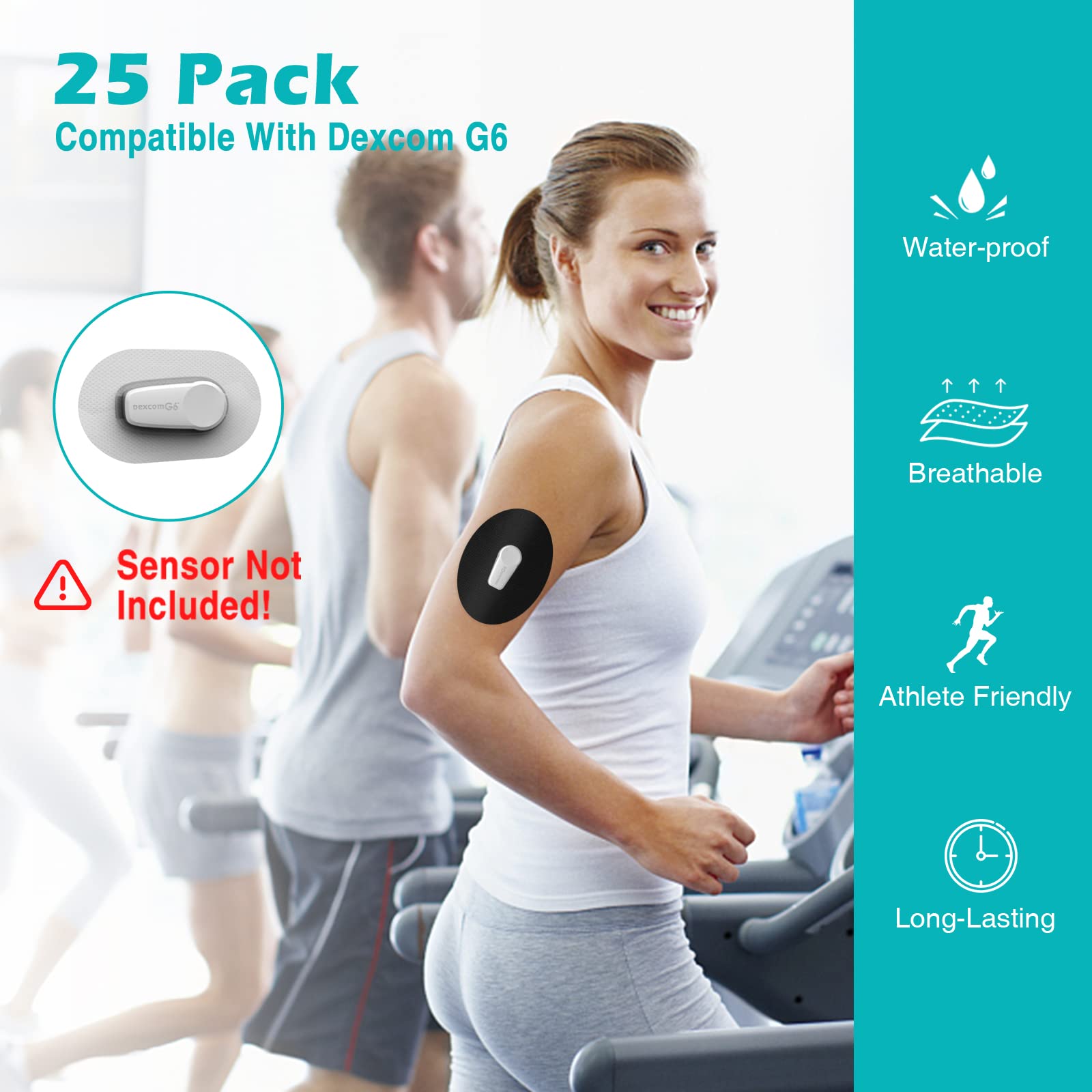 CGM Patches for Dexcom G6 (25-Pack), Sweat-Resistant Waterproof Breathable Skin-Friendly Latex Free Adhesive Patches, Durable Pre-Cut CGM G6 Sensor Patches (Black)