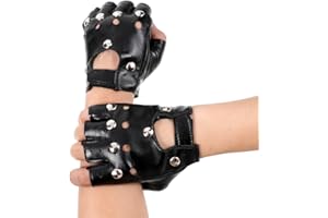 STYQUENZER Black Leather Motorcycle Gloves, Gothic Fingerless Gloves Men Women, Fingerless Dancing Mittens Steampunk Retro Punk Biker Glove for Men Women Adults