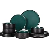 GZG Classic Series - Plates and Bowls Set for 4, 12 Piece Stoneware Dinnerware Sets, Microwave and Dishwasher Safe Lead-Free Handcrafted Ceramic Dishes Set - Malachite Green