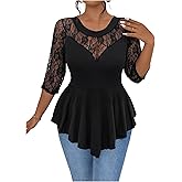 GORGLITTER Women's Plus Size Peplum Tops Sheer Mesh Lace Patchwork Tops Asymmetrical 3/4 Sleeve Crew Neck Tees Shirt