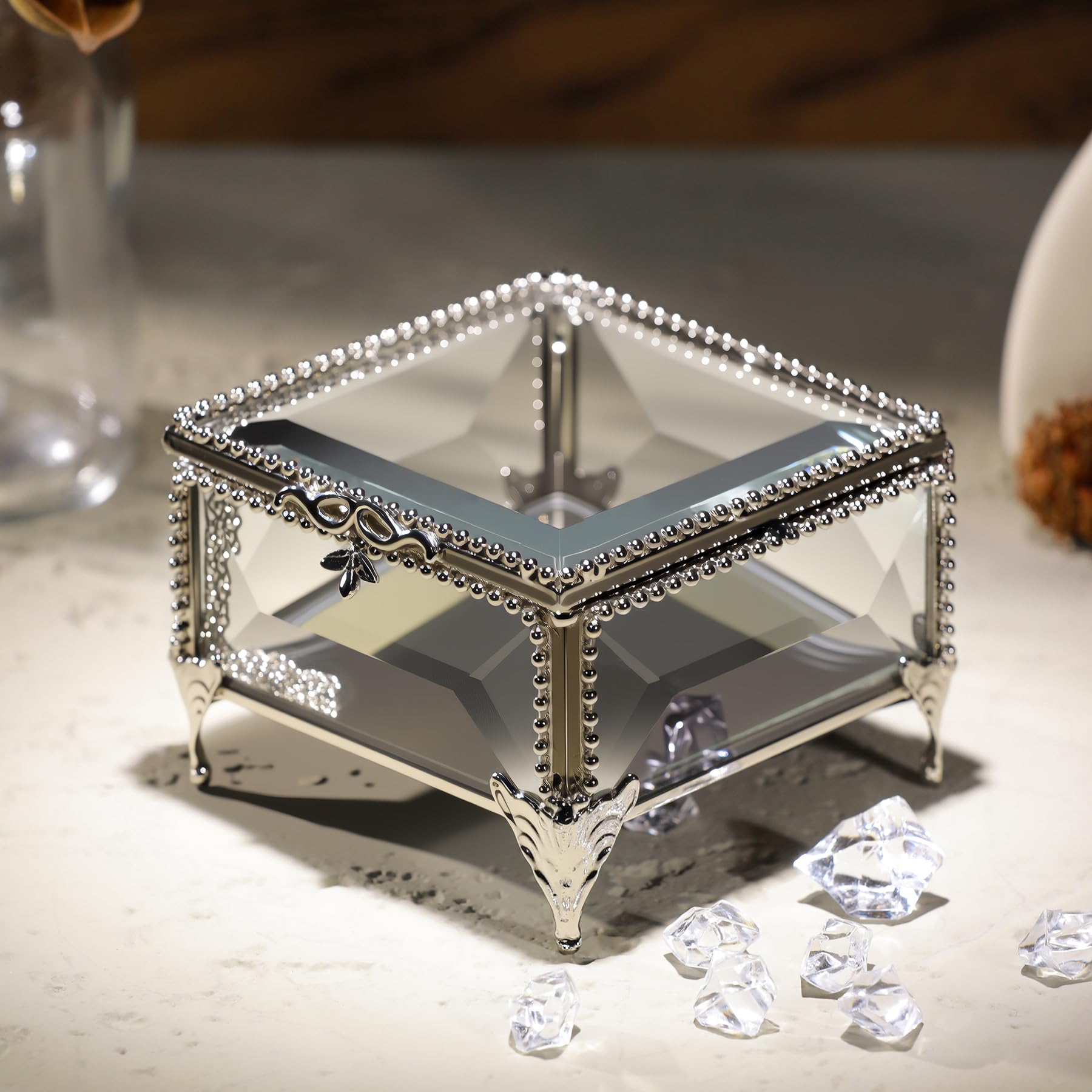 Photo 1 of DHCGPP Glass Vintage Jewelry Box Keepsake storage Trinket Ring Display Box Home Decor Beveled Clear Glass Box Organizer(3.3x3.3x2.3Inches)
