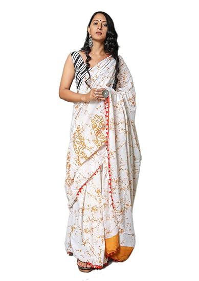 Womens Hand Block Jaipuri Print Cotton Mulmul Saree with Blouse (White)
