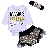 Mekilyn 3Pcs Baby Girls Mama's Mini Lashes Print Long Sleeve Bronzing Romper+Short Lace Bottom+Headband Clothes