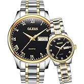 OLEVS Valentines Couple Pair Quartz Watches Luminous Calendar Date Window 3ATM Waterproof, Casual Stainless Steel His and Hers Wristwatch for Men Women Lovers Wedding Romantic Gifts Set of 2