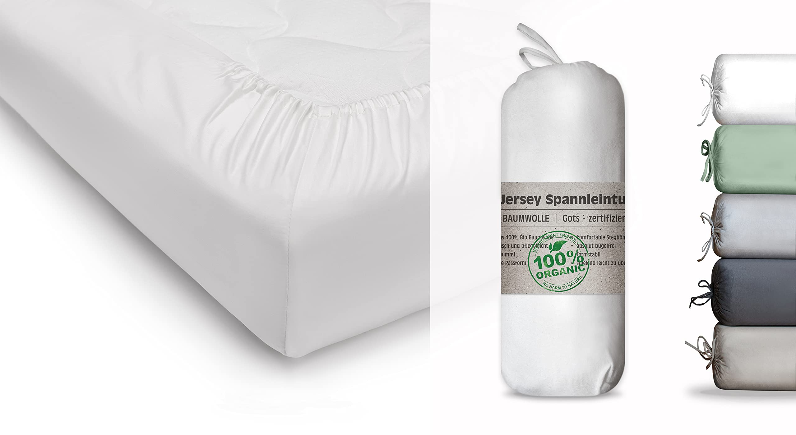 BLUE MOON Organic cotton jersey fitted sheet GOTS-certified Ökotex Made in Green (white, 180-200x200cm)