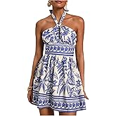 SOLY HUX Tropical Vacation Dress for Women Halter Tie Backless Sundress Sleeveless A Line Short Summer Dresses