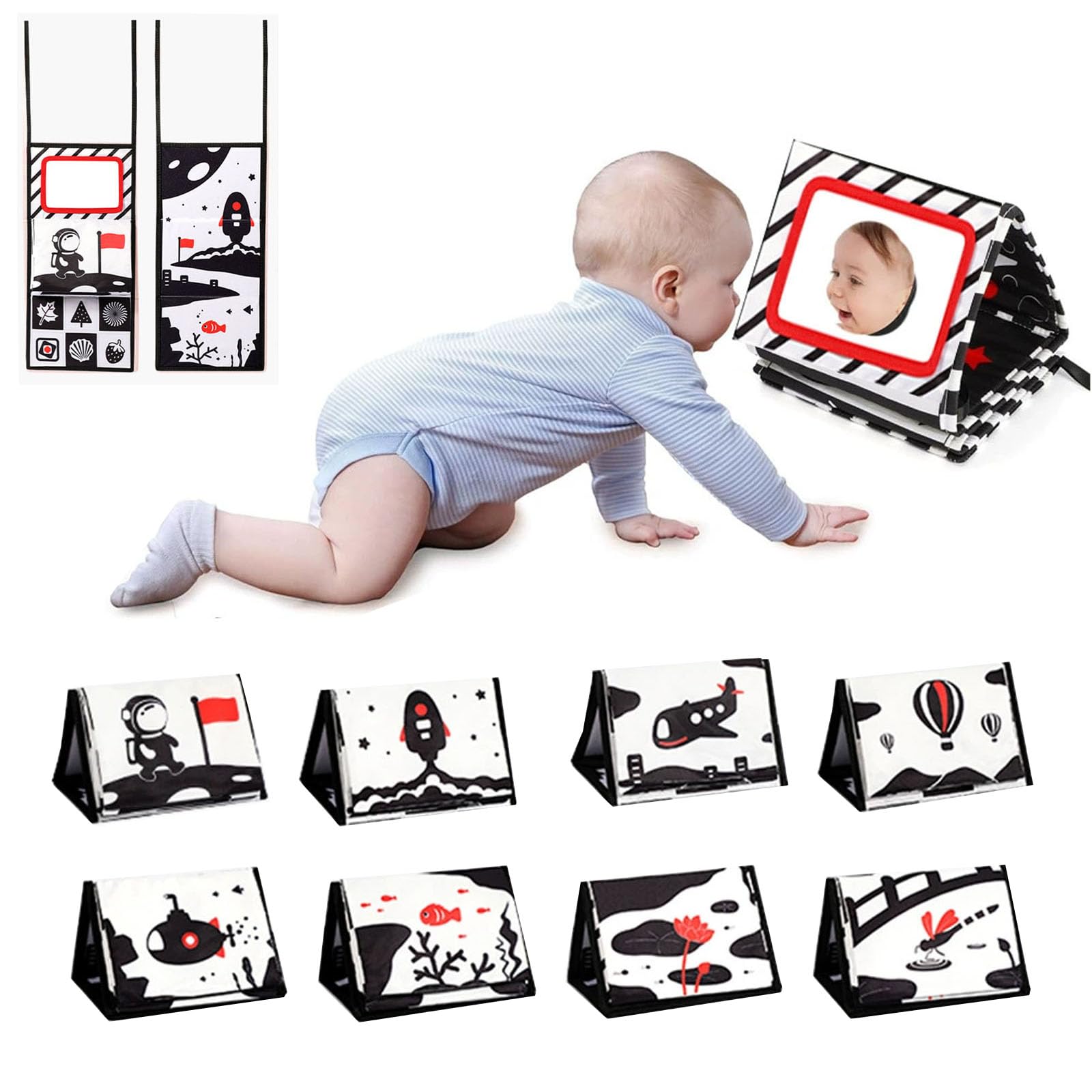 Oaygat Black and White Baby Book Flip Tummy Time Mirror Toy Soft Cloth Sensory Baby Toy Tummy Time Activity Mirror Baby Mirrors Toy High Contrast Sensory Toy Mirrors Floor Toys 8 Sides for 0-6 Month