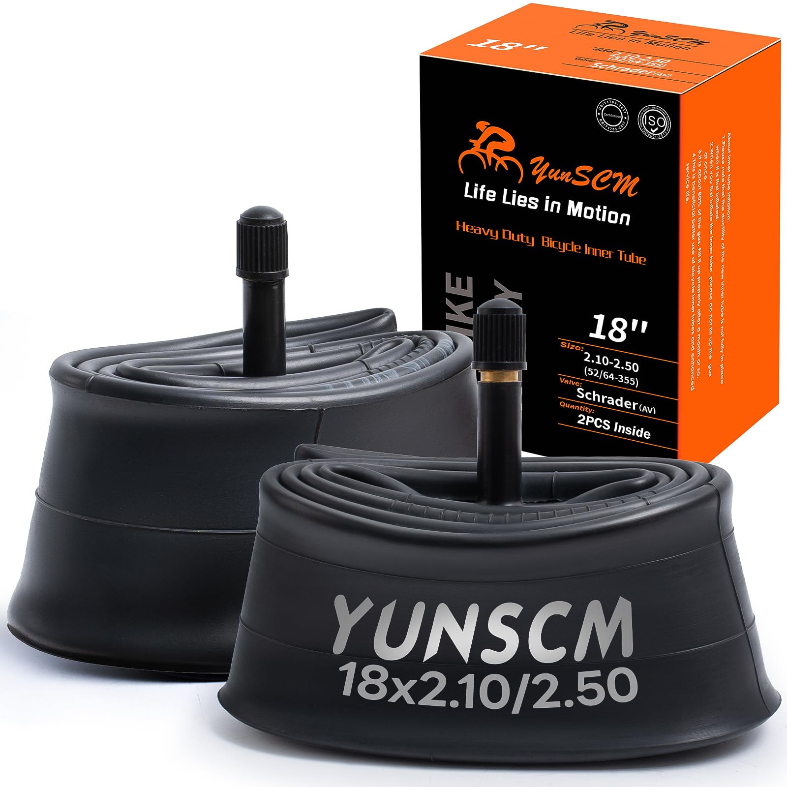 YunSCM 2PCS 18" Heavy Duty Bike Tubes 18x2.10 18x2.125 18x2.25 18x2.35 18x2.40 18x2.50 52/64-355 AV32mm Schrader Valve Compatible with 18x2.10/2.125/2.25/2.35/2.50 Road/MTB Bike Tyre Tubes