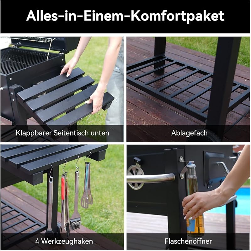 Holzkohlegrill, Grill mit Deckel, Grillfläche: 56×42.5 cm, Höhenverstellbare Kohlenwanne, Faltbarer Seitentisch, Mit Grillabdeckungen Wasserfest