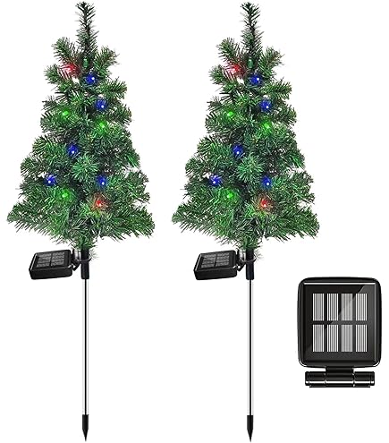 2 Luces Solares Para árbol De Navidad Para Decoración Al Aire Libre, árbol De Navidad Alimentado Por Energía Solar, Estaca Impermeable Con Luces LED, Bayas Rojas, Lazo Rojo, Adecuado Para Decoración