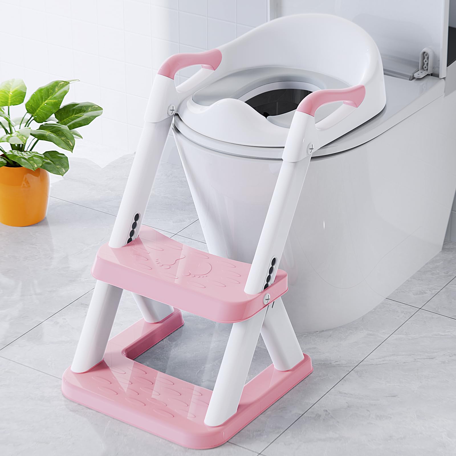 Photo 1 of SKYROKU 8868 Potty Training Seat with Step Stool - Adjustable Height, Non-Slip, Splash-Proof, Foldable 2-in-1 Toddler Potty Seat with Armrests and Replaceable Cushion - Fits Most Toilets (Pink)