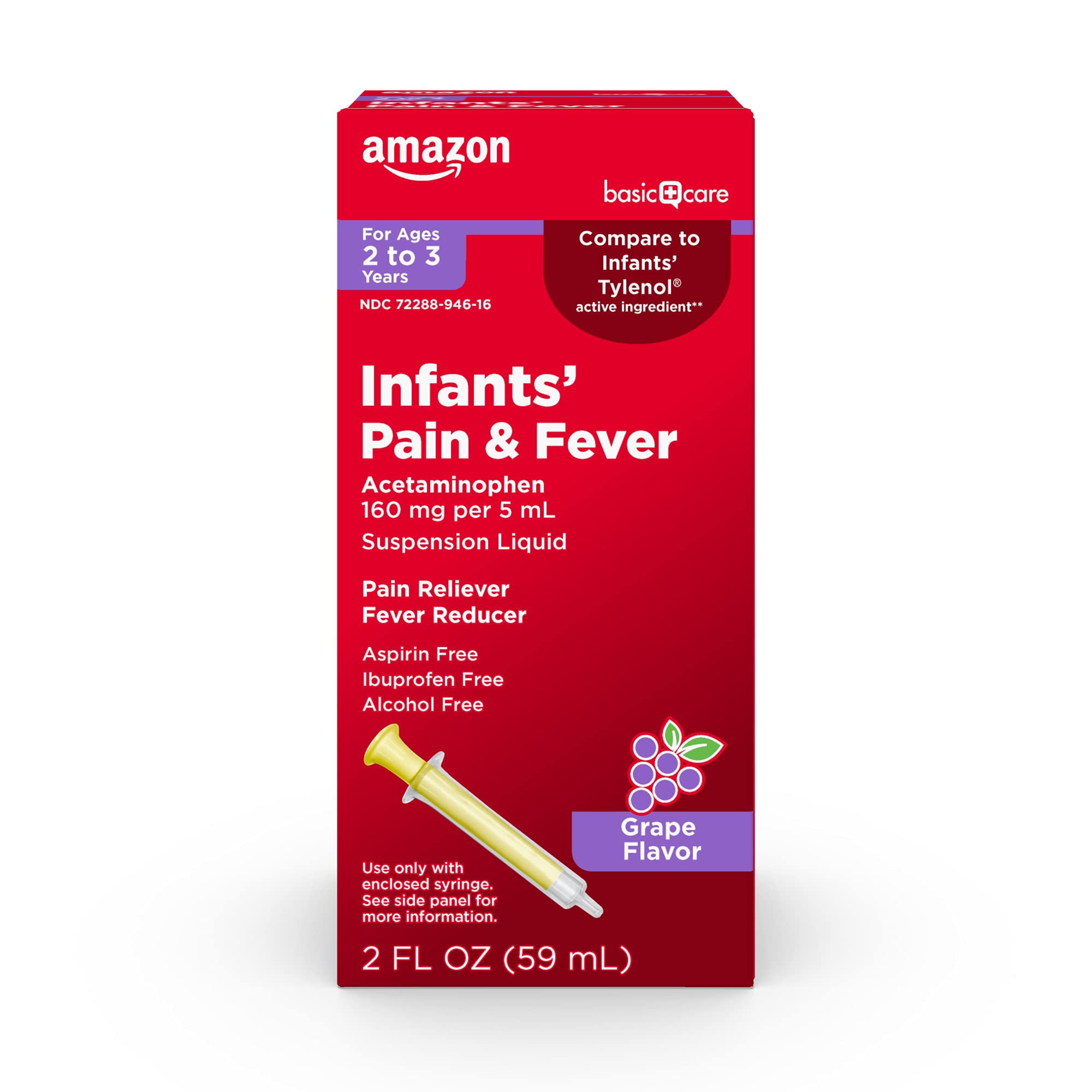 Amazon Basic Care Infants' Pain and Fever Oral Suspension, Acetaminophen 160 mg per 5 mL, Fast, Effective Pain Reliever and Fever Reducer for Children, Grape Flavor, 2 fl oz (Pack of 1)