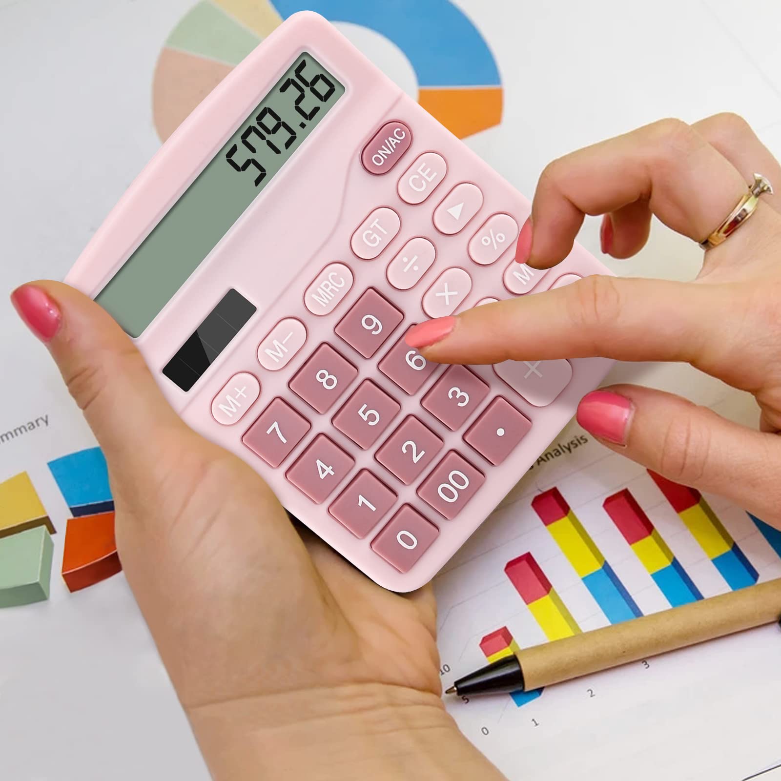 Office Desk Calculator with Solar Power, 12 Digits Large LED Display, Calculators Desktop with Big Buttons, Pink Office Home School Supplies (Pink)