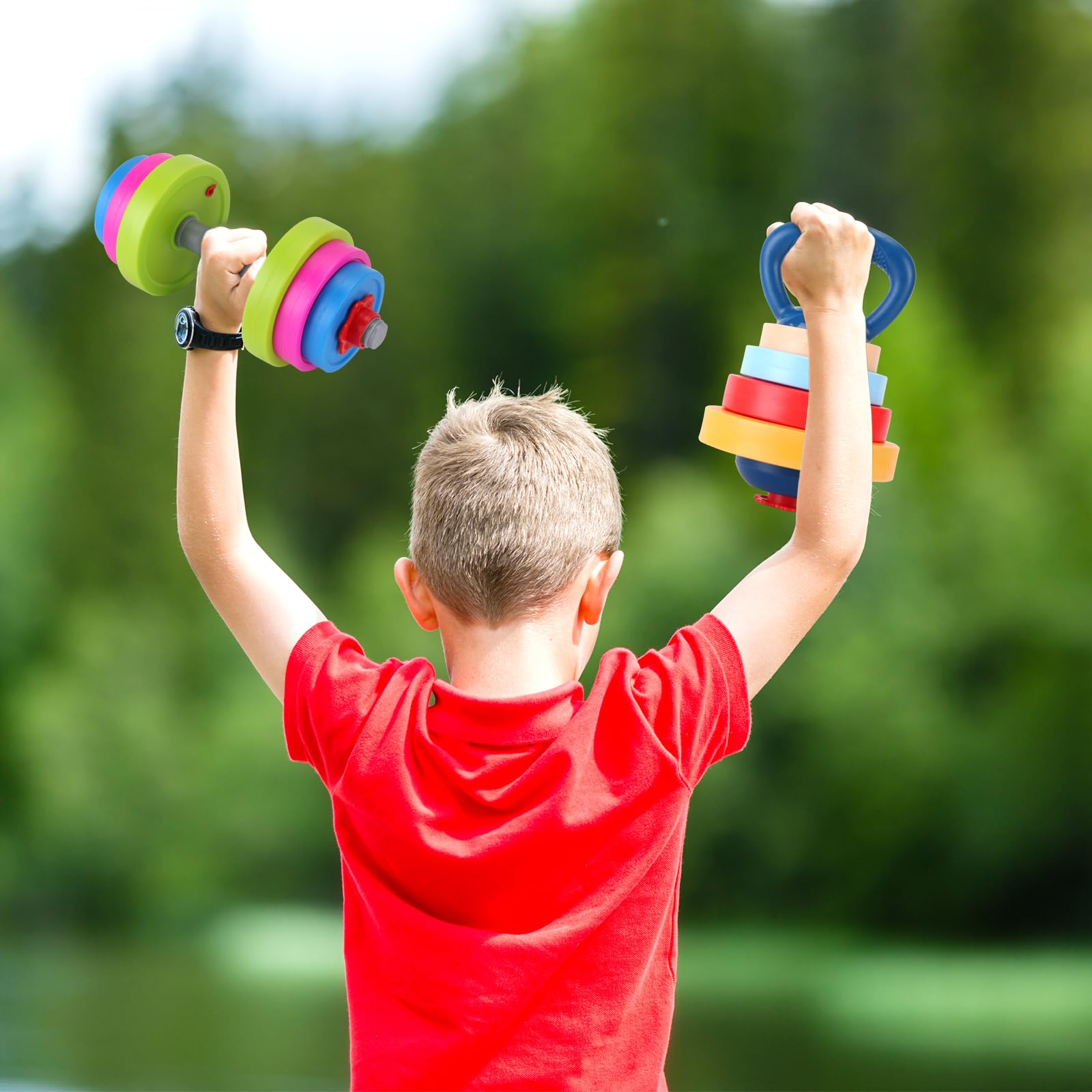 Kids Exercise Weight Set - 3-in-1 Adjustable Workout Toy Equipment for Children Pretend Play Exercise - Toddler Beginner Gym, Fitness, Weightlifting and Powerlifting (Dumbbell, Barbell, Kettlebell)