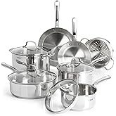 T-fal Stainless Steel Pots and Pans Set 11 Piece, Induction, Oven Broiler Safe 500F, Kitchen Cooking Set w/Fry Pans, Saucepans, Saute Pan, Steamer, Cookware, Dishwasher Safe, Silver