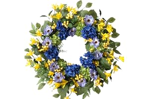 Bibelot 24 Inch Spring Wreath for Front Door, Artificial Spring Summer Floral Wreath with Hydrangea Daisy Berry Leaves for Do