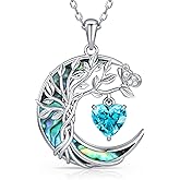 Distance Tree of Life Birthstone Necklace for Women, S925 Sterling Silver Premium Abalone Shell Moon Pendant, Heart Birthstone Necklace Christmas Anniversary Jewelry Birthday Gifts for Her Mom Wife
