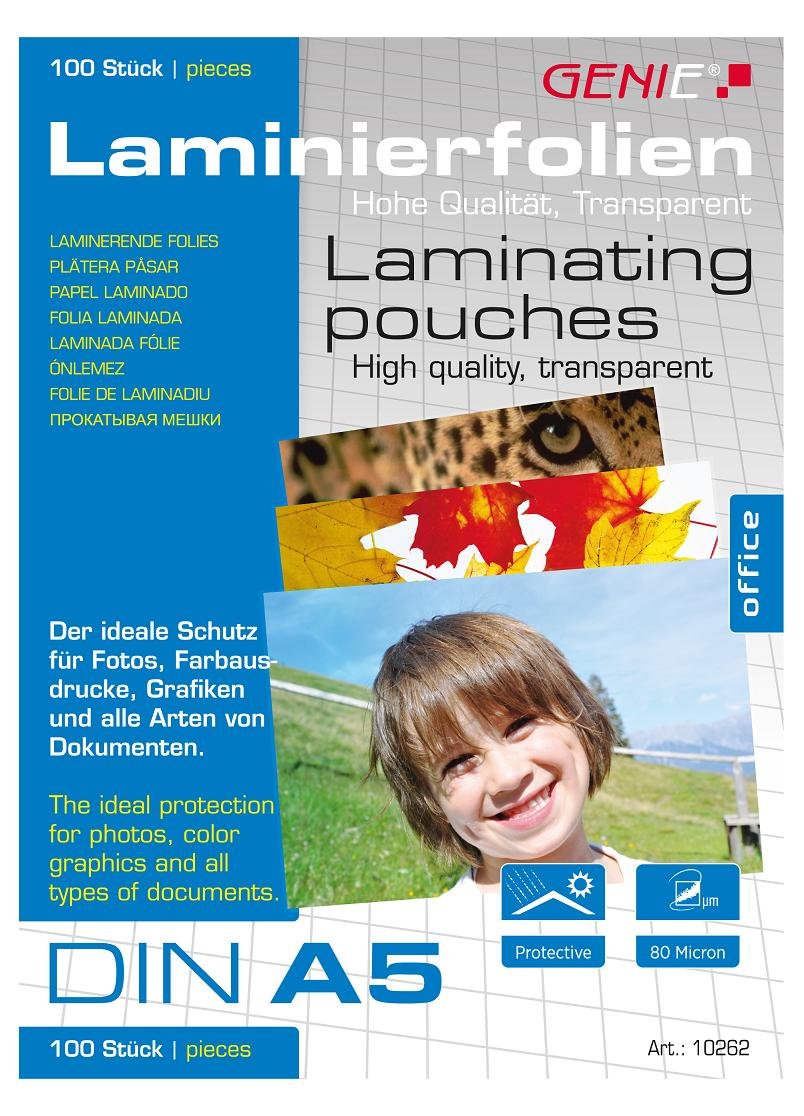 Genie 10262 Laminating Pouches 80 Micron Pack of 100 for Size up to A5, Compatible with All Thermal Laminators