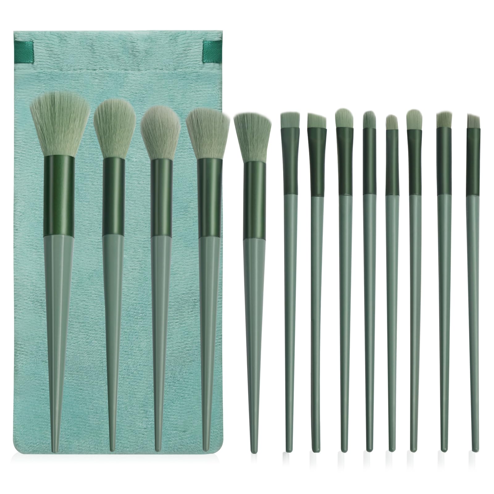 13 Pcs Make up Brushes Set, Foundation Powder Concealer Blush Highlighter Eyebrow Eyeshadow Brushes, Travel Makeup Brushes with Cloth Bag for Beginner and Makeup Artist (Green)